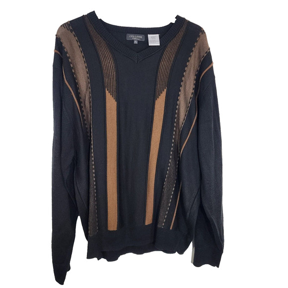 Cellini Collezione Sweater Men's XL Pullover Brown Black Wool Blend 90s Vintage - Picture 1 of 7